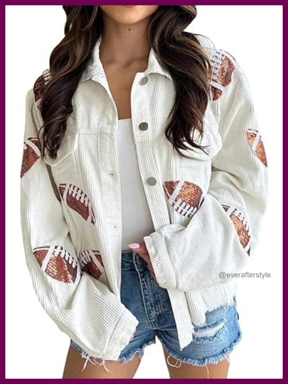 Women Cropped Football Corduroy Jacket Sequin Rugby Patched Shacket